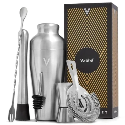 Image of VonShef Cocktail Shaker Set, Silver 6pc Set with 550ml Parisian Shaker, Professional Bartender for Home Bar, Including Strainer, Muddler, Jigger &amp; Other Bar Accessories, Gift Box Included