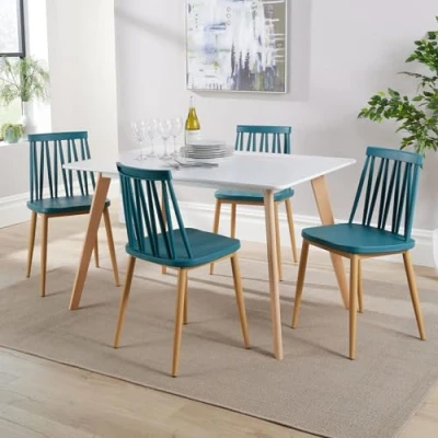 Image of Home Source Kitchen Dining Set, 4 Teal Metal, 120cm White Top Table, Chairs