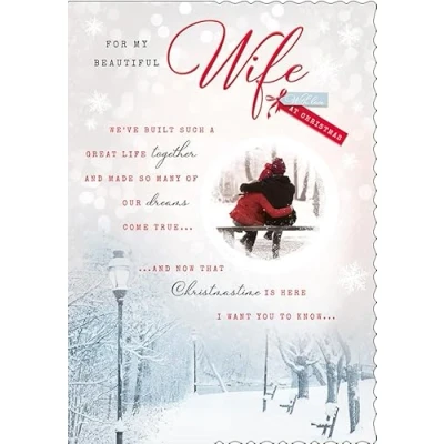 Image of Avant Garde Studios Christmas Card For my Beautiful Wife Bench couple 10 x 7 inches