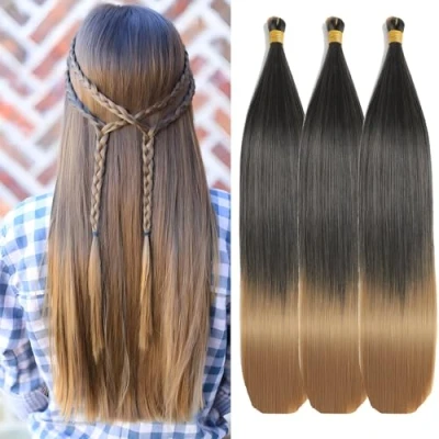 Image of Locescsoc 24 Inch Straight Hair Extensions 150g 3 Packs Bone Braiding Hair, 1B/27 Ariel Ponytail Bundles, Ombre Soft Synthetic Crochet Box Braids for Women
