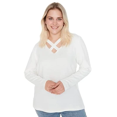 Image of Trendyol Women&#039;s Crew Neck Plain Regular Plus Size Sweater Sweatshirt, Ecru, 3XL