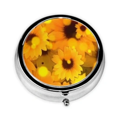 Image of Cartoon Sunflower Print Round Pill Box,Portable Mini Metal Pill,Pill Box 3 Compartment Medicine Case