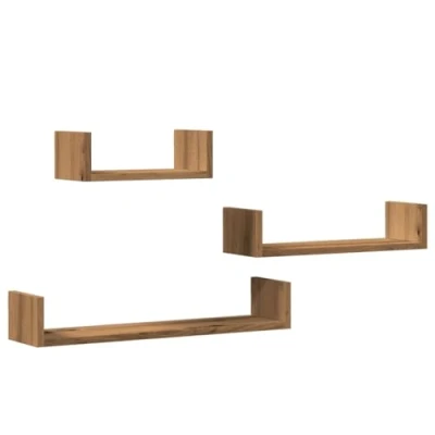 Image of vidaXL artisan oak floating shelves set engineered wood wall mounted display for living room/bedroom/kitchen/office, storage space saver, 3 sizes included, 40kg capacity