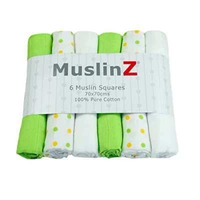 Image of MuslinZ 6 pack 100% pure soft cotton Muslin Squares Baby Burp Cloths in Plain, White and Polka Dot Mix 70x70cms Perfect for Newborns (6 Pack, Green Combo)