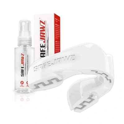 Image of SAFEJAWZ Sports Mouthguard/Gum Shield, Case and Cleaner Spray 50ml Bundle for Rugby, Boxing, Martial Arts, Lacrosse All Contact Adults Junior (White, (
