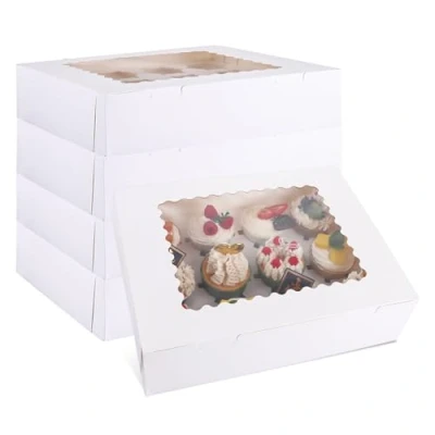 Image of ASelected 12 Pcs Cupcake Boxes Hold Standard Cupcakes Cavity with Window And Removable Inserts, Stickers For Carrying Displaying Tasty Muffins, Fairy Cakes, Treats (White)