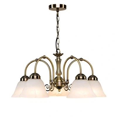 Image of Elegant Diner Ceiling 5 Light Pendant Antique Brass Alabaster Glass