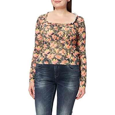 Image of NA KD Women&#039;s Frill Detail Mesh Top Shirt, Orange Flower, X Large