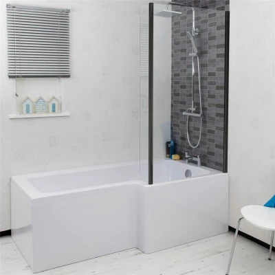 Image of Ceramica L Shaped 1700x855mm Shower Bath, Black Screen &amp; Bath Panel RH