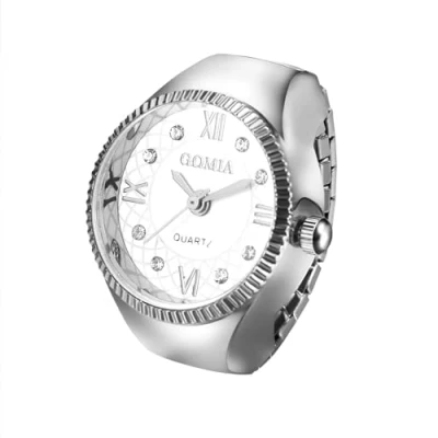 Image of JewelryWe Unisex Finger Ring Watch: Men Women Silver Elastic Stretchable Band Roman Numerals Round Dial Stainless Steel Quartz Watches