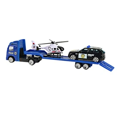 Image of Tomaibaby Kids Trailer Toys Friction Powered Toy Construction Truck Vehicle Helicopter Police Car Pull Back Cars Mini