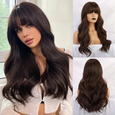 Image of Esmee 24&quot; Dark Brown Synthetic Natural Long Wave Wigs with Neat Bangs for Women