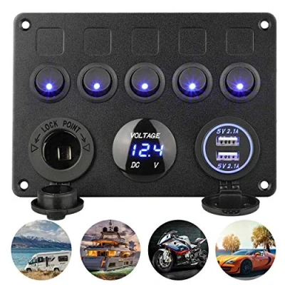 Image of IP65 Waterproof Toggle Switch Panel, 12V/24V Car Rocker Switches Dual USB Charger Port 4.2A Lighter Socket Digital Voltmeter Display for Marine Boat Van Truck