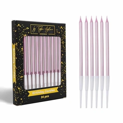 Image of by Tugba Aydan 24 Count Long Thin Rose Gold Birthday Candles, Metallic Cake Candle for Birthday, Party Candles