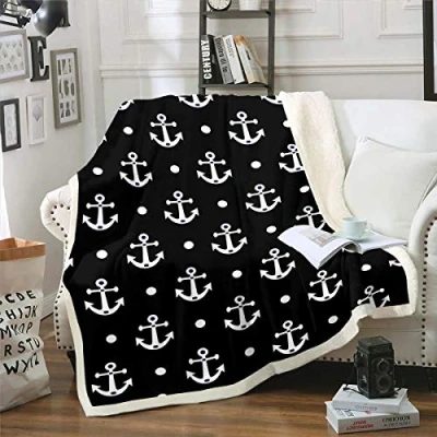 Image of Loussiesd Anchor Decor Sherpa Blanket Nautical for Sofa Couch Bed Ocean Themed Fleece Throw Ultra Soft White Polka Dots Warm Flannel Black Plush Fuzzy Double 60&quot;x79&quot;