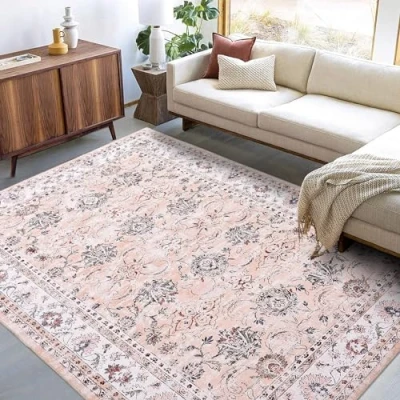 Image of LuxFocus Washable Rug for Living Room 120 x 170 cm Distressed Oriental Non Slip Carpet Low Pile Retro Accent Area Vintage Bedroom Dining Home Office Pink