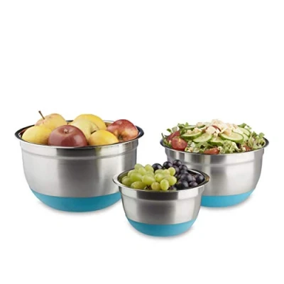 Image of Relaxdays Set of 3, Stainless Steel, No Slip Rubber Bottom, Mixing Bowls in 3 Sizes, Blue, 26 x 15 cm