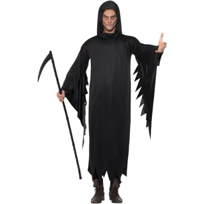 Image of Smiffys Screamer Costume, Black with Gown &amp; Hood, Halloween Adult Fancy Dress, Dress Up Costumes