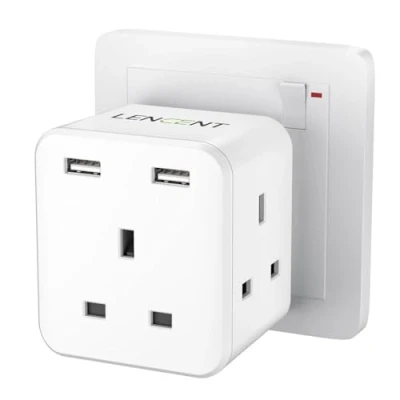 Image of LENCENT Multi Plug Extension with 2 USB, 3 Way Plugs Socket adapter, 5 in 1 Cube Electrical Extender Outlet Adaptor, USB Wall Charger, Pin Expander for Home, Office, Kitchen, 13A 3250W