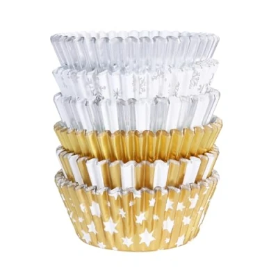 Image of PME Christmas Foil Lined Cupcake Cases Metallic Gold &amp; Silver (Pack of 100)