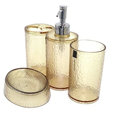 Image of London Boutique 4 Pieces Bathroom Accessory Set Clear Soap Dispenser Toothbrush Holder Tumbler dish (Clear Brown)