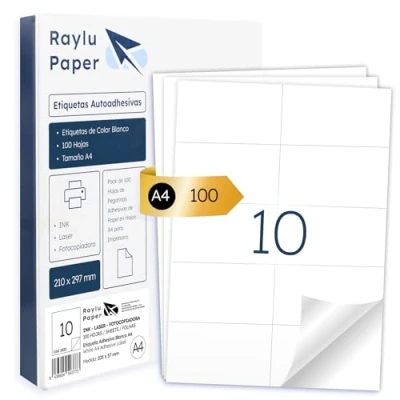 Image of Raylu Paper ® White Self Adhesive Labels for Printing, A4 Sheets Inkjet Printers, Laser and Copiers, 10 per Sheet (105 x 57 mm)