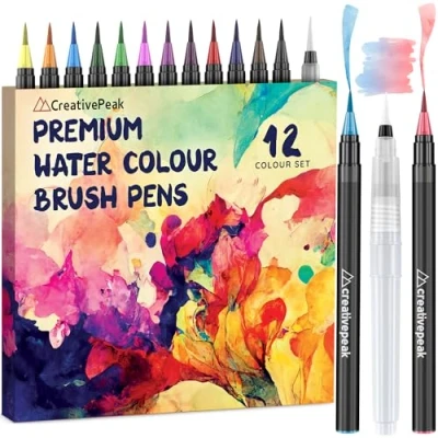 Image of Creativepeak Watercolour Brush Pens, 12 Vibrant Soft Tip Colouring Markers w/Blending Brush, Pen Set for Calligraphy, Lettering, &amp; Journaling, Premium Art Supplies