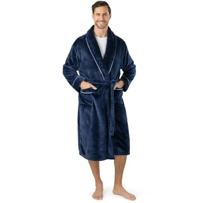 Image of PAVILIA Mens Fleece Robe Soft Warm Bathrobe for Men Plush Spa with Piping blue One size