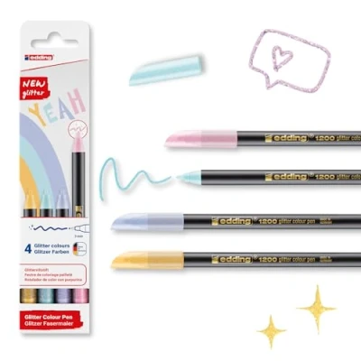 Image of edding 1200 glitter pens pastel colours 4 fibre tip with intensive effect round nib 3 mm for precise writing, sketching and painting