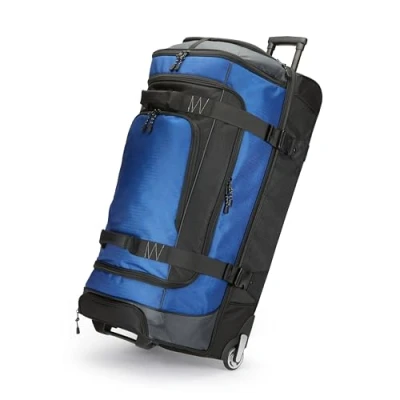 Image of Amazon Basics Wheeled Duffel Bag, Travel Bag with Telescopic Handle and Carrying Handles, 88 cm, 113 Litres, Blue
