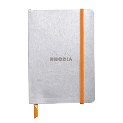 Image of RHODIA 117301C Silver Flexible Notebook A6 Lined 144 pages Ivory Clairefontaine Paper 90 g/m Bookmark, Elastic Closure Faux Leather Cover Rhodiarama Collection