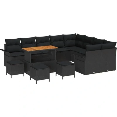 Image of vidaXL 13 Piece Garden Sofa Set with Cushions Black Poly Rattan Acacia