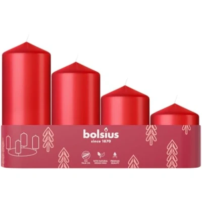 Image of Bolsius Smooth Pillar Candles Set of 4 Advent Season Red Various Sizes Decorative Household Long Burning Time Unscented with Natural Plant Wax Without Palm Oil