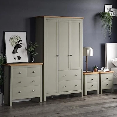 Image of Vida Designs Arlington 4 Piece Bedroom Sets, Bedside cabinet x2, Chest of Drawer &amp; Wardrobe (Grey, 2 D x2/ Chest/ 3 Door Wardrobe)