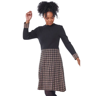 Image of Roman Originals Petite Contrast Knitted Jumper Dress for Women UK Ladies Everyday Holiday Autumn Winter Pull On Round Neck Full Sleeves Comfy Evening Vacation Work Party Black Size 18