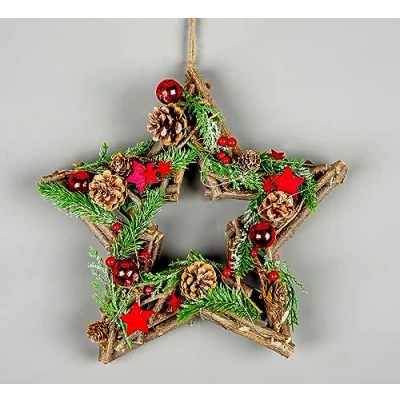Image of SHATCHI Prelit Battery Operated Christmas Home Hanging Wooden Twigs Base Decorated Baubles,Berries, Foliage,Pine Cones, Micro Rice LED Lights, Wood, Red Stars, Star 35cm