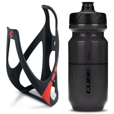 Image of Cube HPP Cage Matt Black/Red &amp; Icon Bottle Black, 500ml / Water Drink Flask Vessel Bidon Holder Mount Bracket Kit Lightweight Plastic Drinking Hydration Biking Bike Riding Frame Accessories