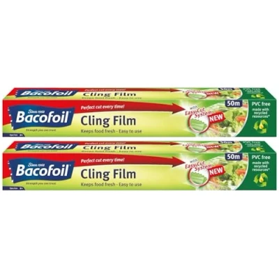 Image of 2 x Cling Film PVC Free with Curved Blade Easy Cut to Use BPA 100% Recyclable Non Perfect for Food Wrapping Freezing and Keeps Fresh 32.5cm 50m