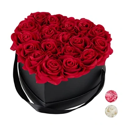 Image of Relaxdays Heart Flowerbox with 18 Faux Roses, Black Box, Last 10 Years, Great Gift, Decorative Bouquet, Red
