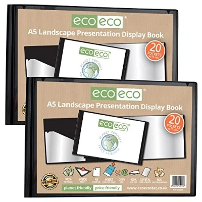 Image of eco A5 50% Recycled 20 Pocket Black Landscape Presentation Display Book, Storage Case Portfolio Art Folder with Plastic Sleeves, (Pack of 2), eco094x2