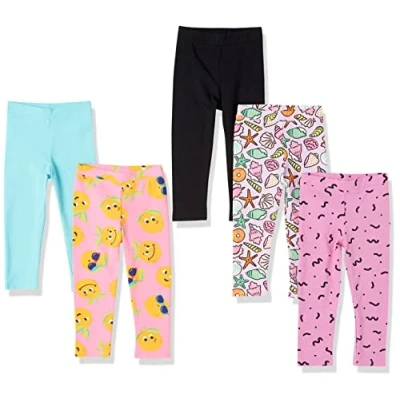 Image of Amazon Essentials Girls&#039; Leggings, Pack of 5, Aqua Blue/Black/Light Pink Fruit/Pink/Purple Seashells, 10 Years