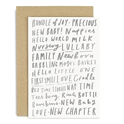 Image of Old English Co. New Baby Words Card A6 Newborn Greeting Cards For Boys &amp; Girls Congratulations Mum, Dad Parents Shower, Pregnancy Announcement or Milestone