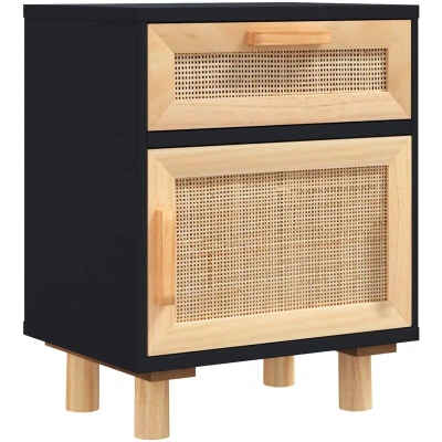 Image of vidaXL Bedside Cabinet Black Solid Wood Pine and Natural Rattan