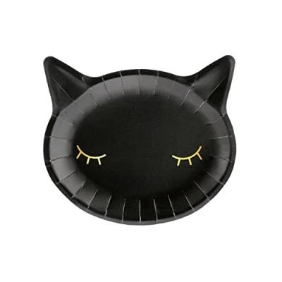 Image of 6X Black Cat Paper Plates, Halloween Plates