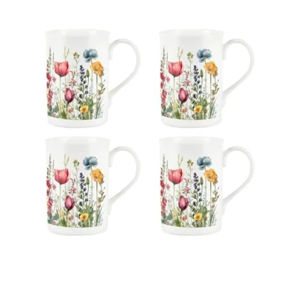 Image of Wildflower Mug Set Floral Meadow Poppies Colourful Gift for Her Bone China Coffee/Tea Drinkware Present Pack of 4