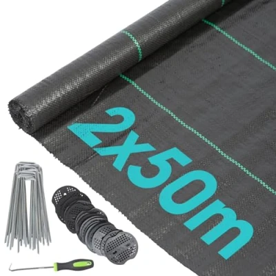 Image of Harbour Housewares 110gsm Weed Control Membrane 2m x 50m Coverage (5 Rolls) with Pegs &amp; Plates Heavy Duty Fabric Barrier Ground Cover for Garden, Patios, Flower Beds, Landscaping