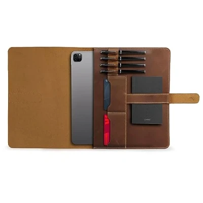 Image of Londo OTTO496 Genuine Leather Tablet Cover with Two Card Slots &amp; Pen/Apple Pencil Holders (Camel, 12.9 Inch)