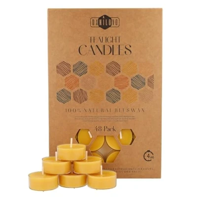 Image of 100% Beeswax Candles Tealight with Cotton Wicks 4 Hour Burn Time 48 Piece Candle Set Votive Recycled Plastic Pure by Danilovo