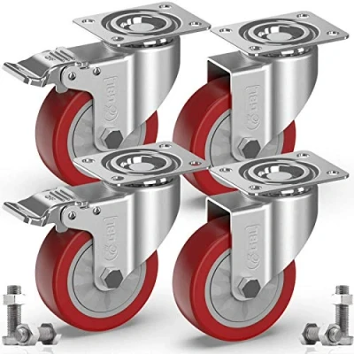 Image of GBL Heavy Duty Castor Wheels with 2 Brakes, Bolts and Nuts 100mm up to 600KG Pack of 4 No Floor Marks Silent Caster for Furniture Rubbered Trolley Silver Castors