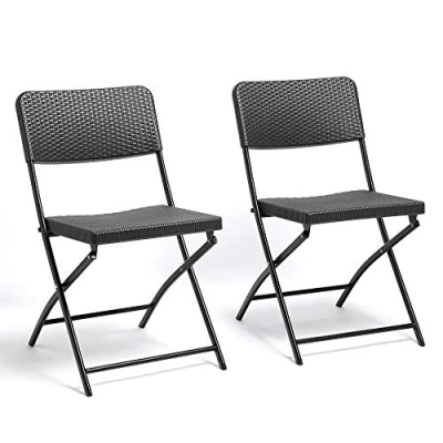 Image of VonHaus Folding Garden Chairs Rattan Effect Foldable Set of 2 Outdoor Seats for Alfresco Dining Patio, Terrace, Conservatory, Balcony &amp; Decking